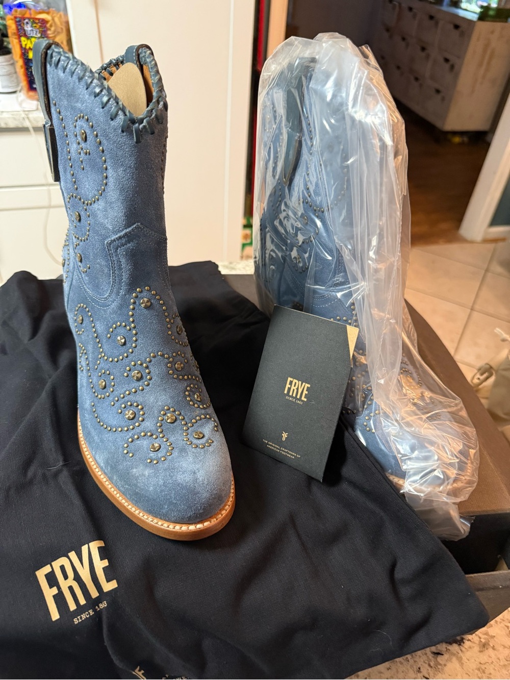 FRYE Blue Suede Studded Western Booties with Tan Sole